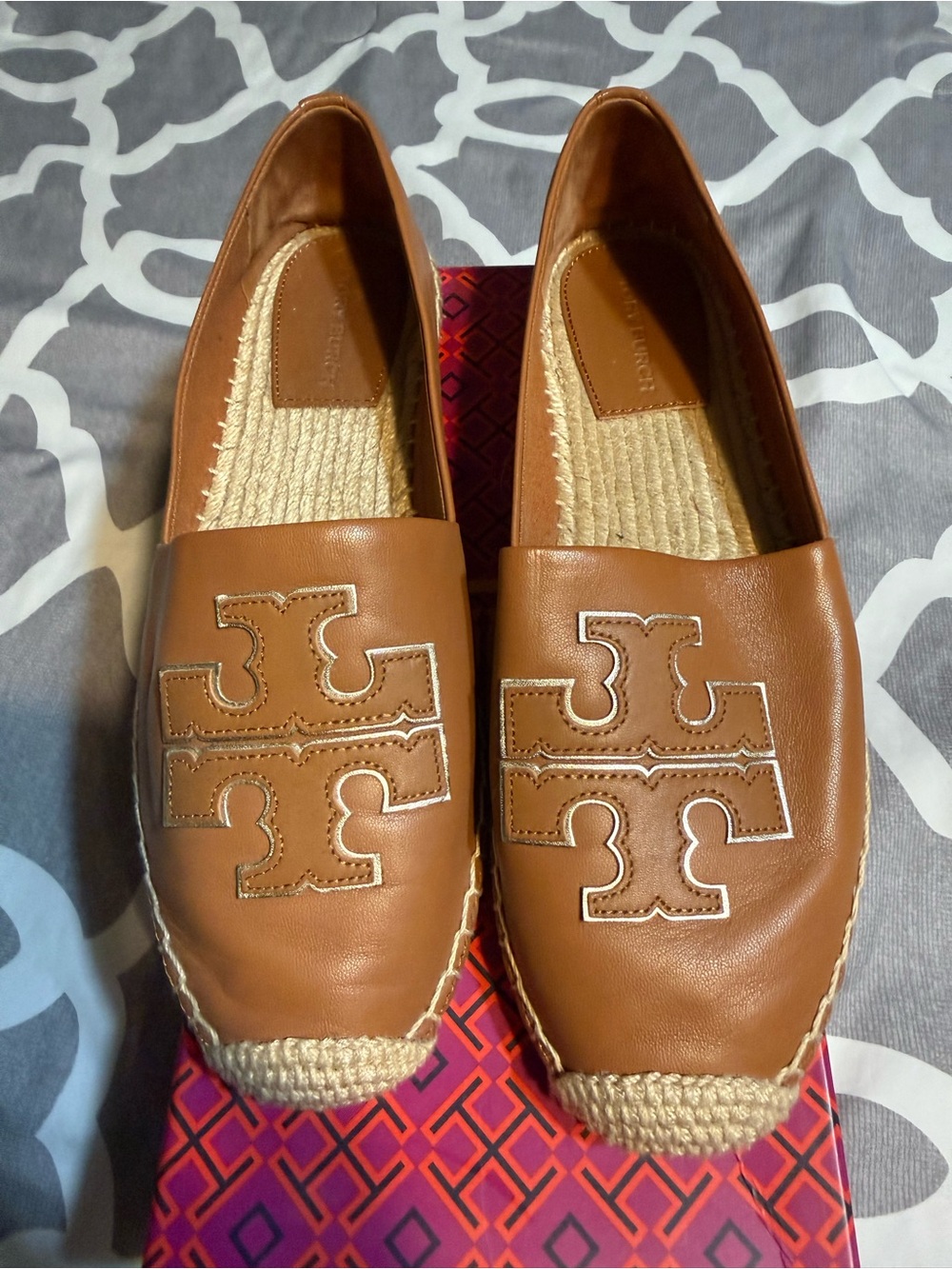 Tory Burch Cognac Leather Espadrille Flats with Logo